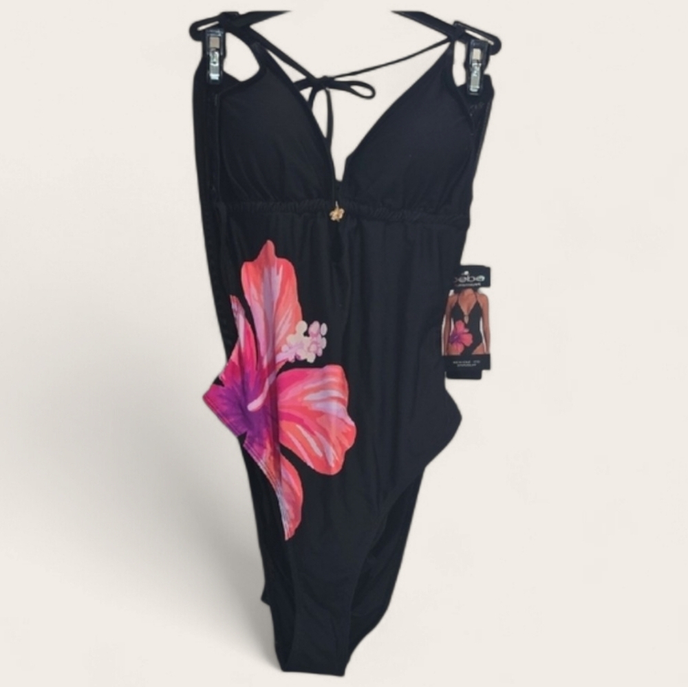 Bebe Black Swimsuit with Pink Floral Design and Cover Up